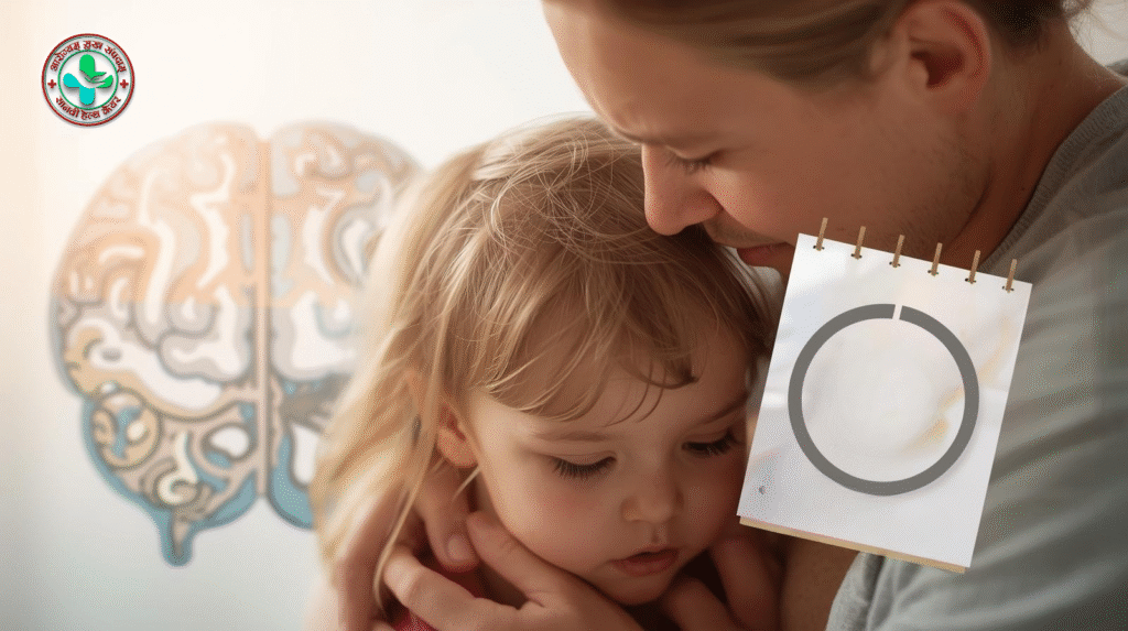 Loving parent embracing child diagnosed with ADHD, faded-out brain illustration, and calendar symbol for 24-hour forgiveness rule.