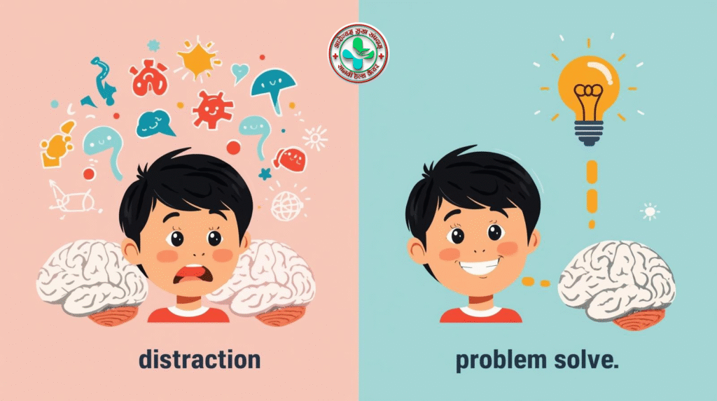 Bright, pleasant pediatric domain, with a hodge-podge of children and their beautiful brain illustrations highlighting support strategies for ADHD.