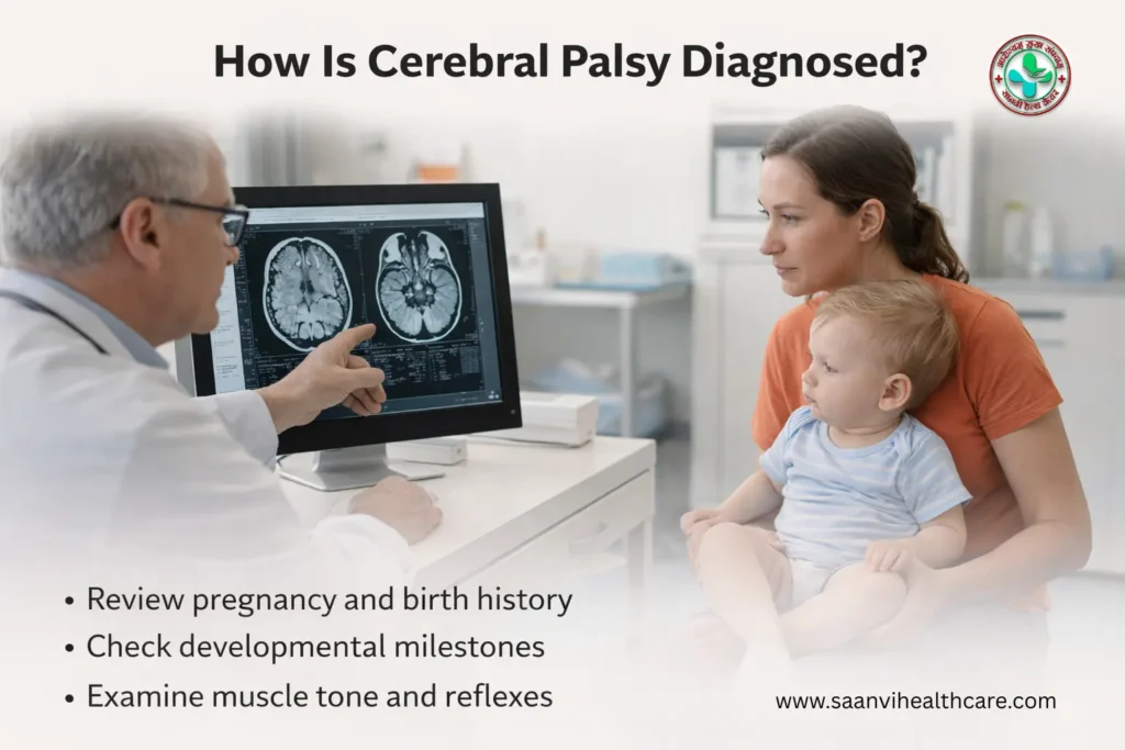 How cerebral palsy is diagnosed doctor consultation with the parent and the baby