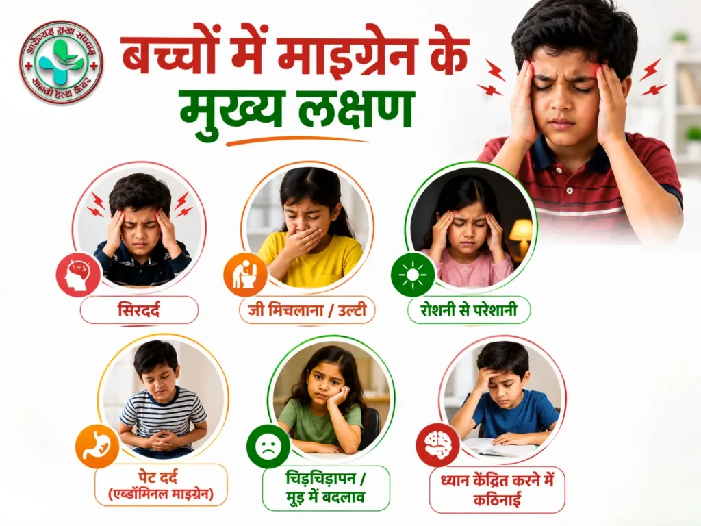 बच्चों में माइग्रेन के सामान्य लक्षण जैसे सिरदर्द, उल्टी, रोशनी से परेशानी और पेट दर्द